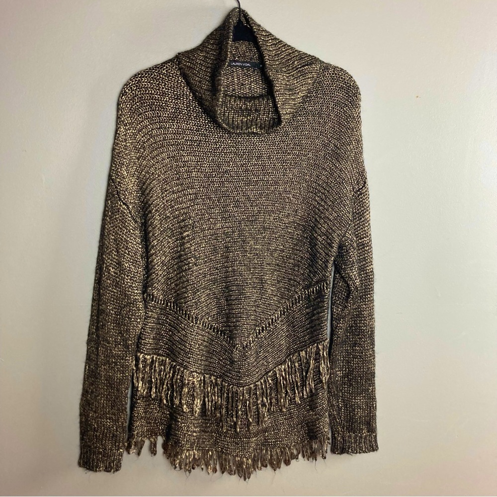 Lauren Vidal sweater cowl neck fringe brown metallic‎ medium
